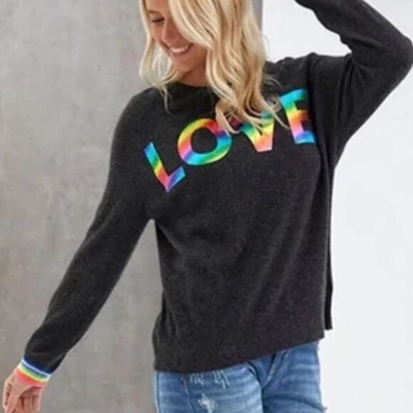 NEW Brodie Fine Cashmere Charcoal Gray Love Rainbow Foil Pullover Sweater Size M - Picture 1 of 7